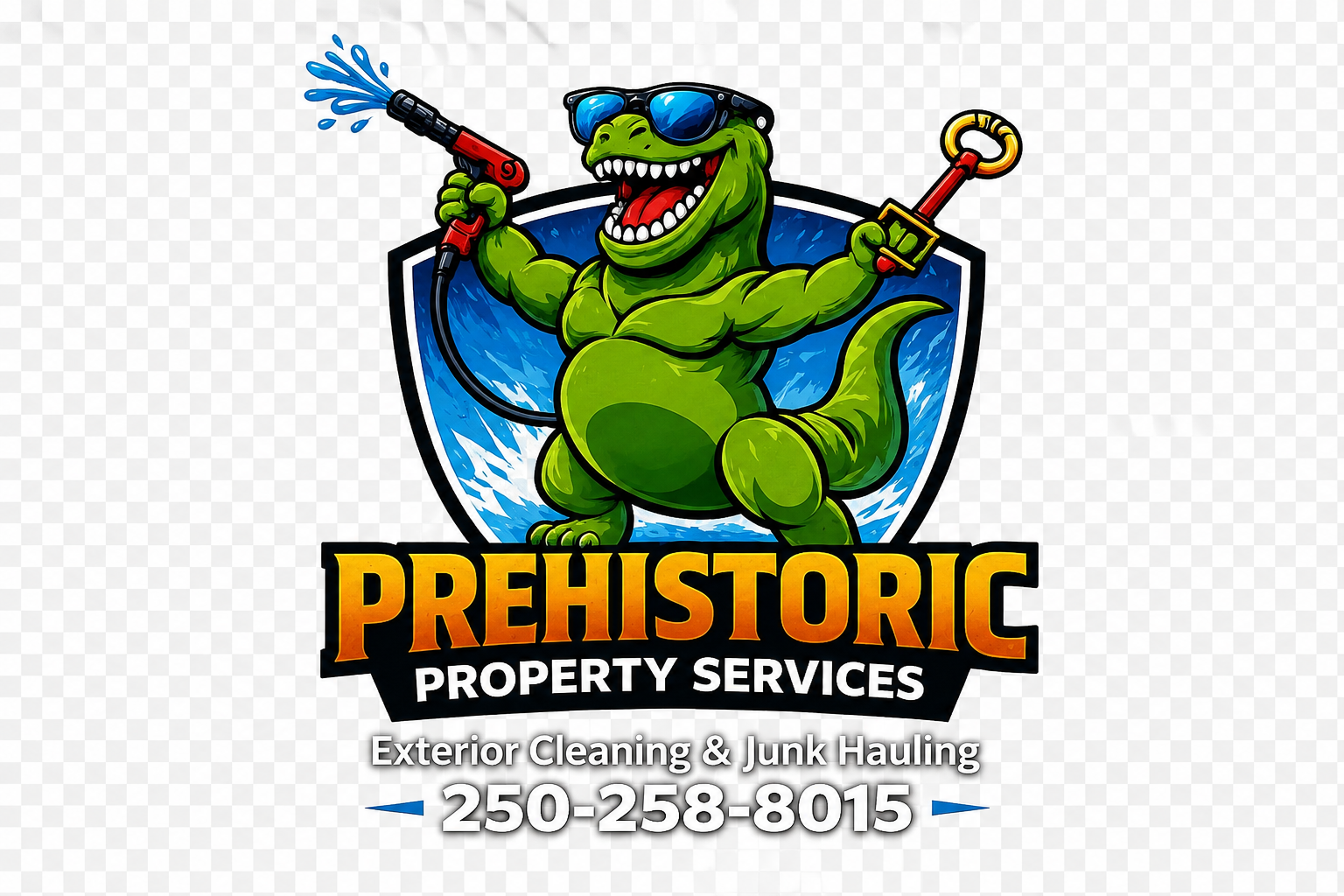 Prehistoric Property Services logo, a green dinosaur mascot wearing sunglasses holding a pressure washer wand and a gutter scoop